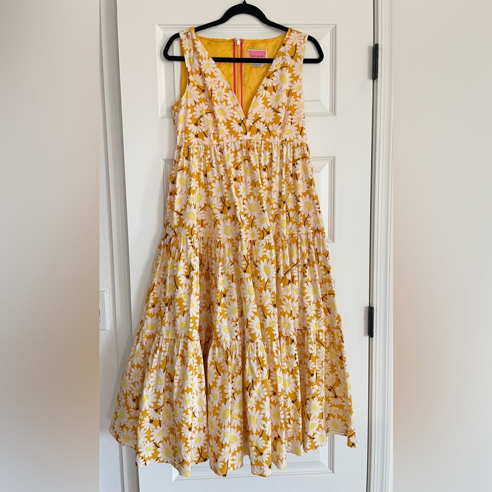 Kate Spade Yellow Daisy Vineyard Poplin Floral Midi V Neck Dress